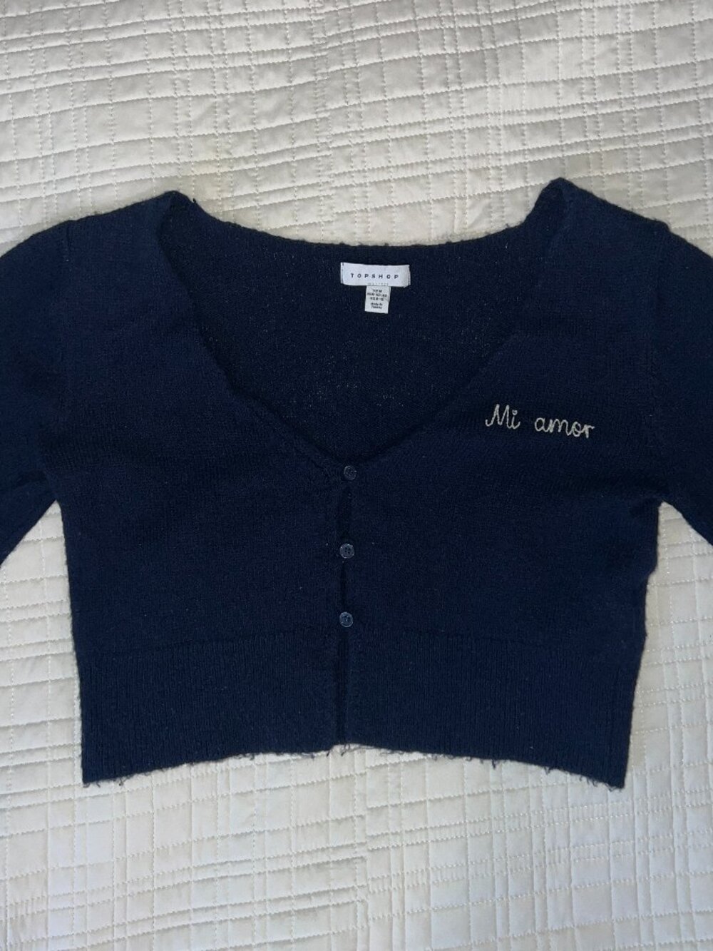 Topshop Navy Blue "Mi Amor" Embroidered Cropped V-Neck Cardigan Sweater Medium